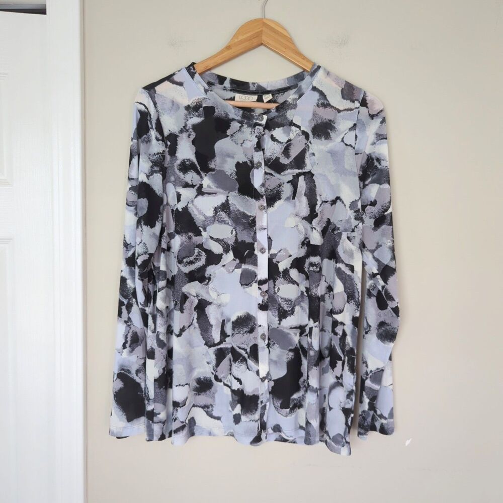 LOGO Lori Goldstein Black White Watercolor Mesh Cardigan Large NWOT